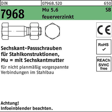 Sechskantpassschraube DIN 7968 CE Mutter M20x 130 5.6 feuerverz. 25 Stück 079685200200130