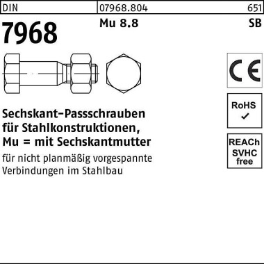 Sechskantpassschraube DIN 7968 Mutter M20x 65 8.8 1 Stück 079688040200065