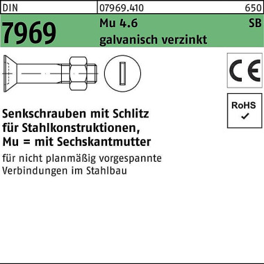 Senkschraube DIN 7969 Sch litz/Mutter M16x 35 4.6 g alv.verz. 50Stück 079694100160035