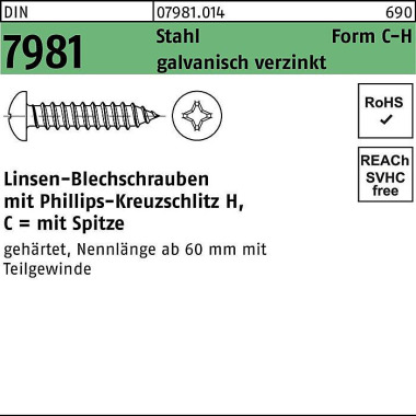 Blechschraube DIN 7981 LI KO PH C2,9x9,5-H Stahl ga lv.verz. Spitze 2000St. 079810140029009