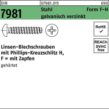 Blechschraube DIN 7981 LI KO PH F 2,9x16-H Stahl ga lv.verz. Zapfen 2000St. 079810150029016