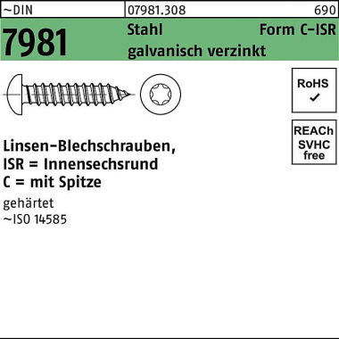 Blechschraube DIN 7981 LI KO ISR 6,3x50 -C-T30 Stah l galv.verz. Spitze 250St . 079813080063050