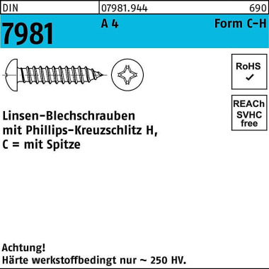 Blechschraube DIN 7981 LI KO PH C 3,5x 19-H A 4 100 0 Stück 079819440035019