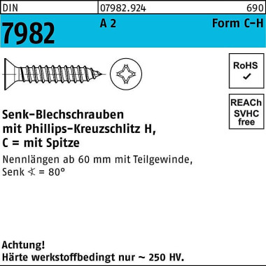 Senkblechschraube DIN 798 2 PH/Spitze C 4,2x 22-H A 2 500 Stück 079829240042022