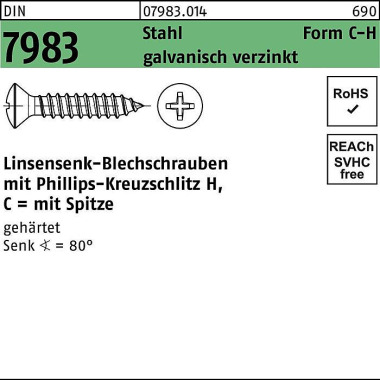 Linsensenkblechschraube D IN 7983 PH C 3,5x13-H Sta hl gehärtet galv.verz. 10 0St. 079830149035013