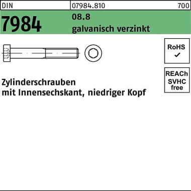 Zylinderschraube DIN 7984 Innen-6kt M6x55 8.8 galv .verz. 200St. 079848100060055