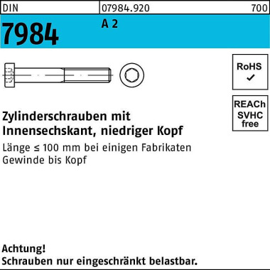 Zylinderschraube DIN 7984 Innen-6kt M3x 40 A 2 100 Stück 079849200030040