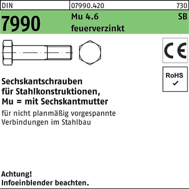 Sechskantschraube DIN 799 0 CE Sechskantmutter M20x 130 4.6 feuerverz. 25St. 079904200200130