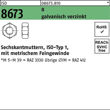 Sechskantmutter ISO 8673 M12x 1,5 8 galv.verz. 100 Stück 086738100120150