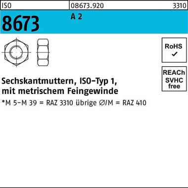 Sechskantmutter ISO 8673 M6x 0,75 A 2 100 Stück 086739200060075