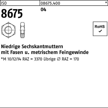 Sechskantmutter ISO 8675 Fasen M10x 1,25 Automaten stahl 100 Stück 086754000100125