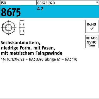 Sechskantmutter ISO 8675 Fasen M18x 1,5 A 2 10 Stü ck 086759200180150