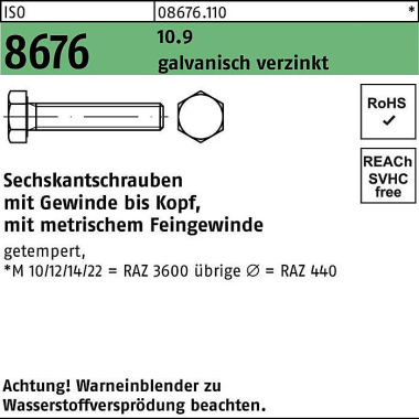 Sechskantschraube ISO 867 6 VG M8x1x 25 10.9 galv.v erz. 200 Stück 086761100080025