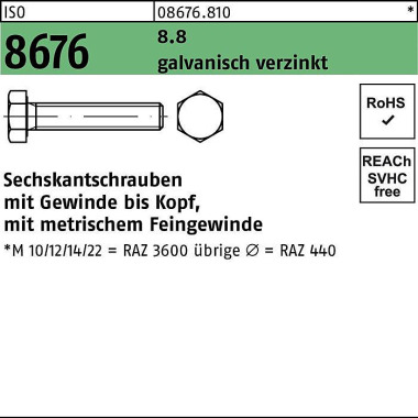 Sechskantschraube ISO 867 6 VG M12x1,25x 45 8.8 gal v.verz. 100 Stück 086768100122045