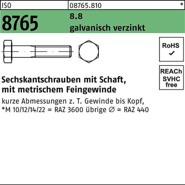 Sechskantschraube ISO 876 5 Schaft M12x1,5x 70 8.8 galv.verz. 50St. 087658100121070