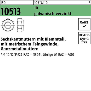 Sechskantmutter ISO 10513 /DIN 6925 Klemmteil M12x1 ,25 10 galv.verz. 100St. 105131100120125