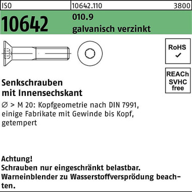 Senkschraube ISO 10642 In nen-6kt M3x 25 010.9 galv .verz. 500St. 106421100030025