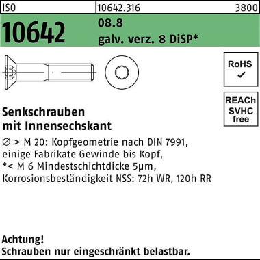 Senkschraube ISO 10642 In nen-6kt M8x40 8.8 galv.ve rz. 8 DiSP 200St. 106423160080040