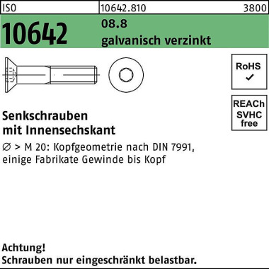 Senkschraube ISO 10642 In nen-6kt M10x 160 8.8 galv .verz. 50Stück 106428100100160