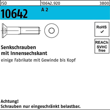 Senkschraube ISO 10642 In nen-6kt M6x 10 A 2 100 St ück 106429200060010