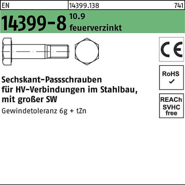 Sechskantpassschraube EN 14399-8 M22x 60 10.9 feue rverz. 1 Stück PEINER 143991380220060