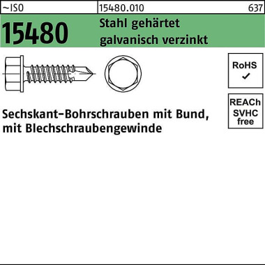 Sechskantbohrschraube ISO 15480 Bund ST 6,3x25 Sta hl gehärtet galv.verz. 50 0St. 154800100063025