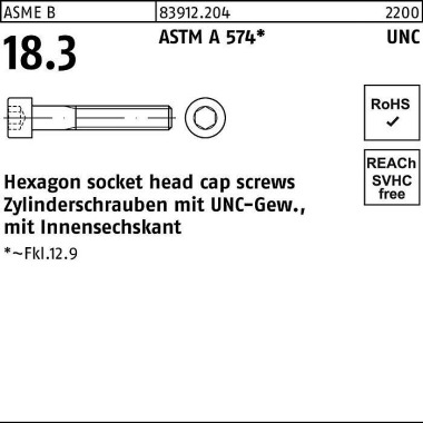 Zylinderschraube R 83912 UNC-Gewinde/Innen-6kt 1/4 x 2 ASTM A 574 100 Stück 839122040250051