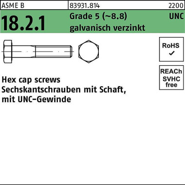 Sechskantschraube R 83931 UNC/Schaft 3/8x2 1/2 Gra de 5 (~8.8) galv.verz. 10 0St. 839318140380064