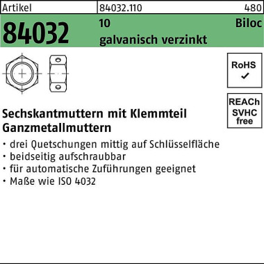 Sechskantmutter R 84032 B iloc Klemmteil M12 10 gal v.verz. 500 Stück 840321100120000