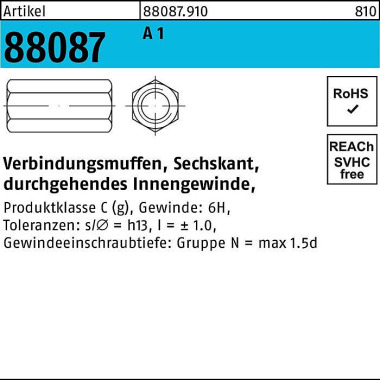 Sechskantverbindungsmuffe R 88087 M8x30 SW13 A1/1. 4305 durchg. Innengew. 50 St. 880879100080030