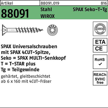 Schraube R 88091 SEKO/T-S TAR TG 3,5x 30/17-T20 Sta hl WIROX 1000 Stück SPAX 880910190035030