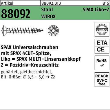 Schraube R 88092 LIKO/PZ 3,5x30/25-Z Stahl WIROX 1 000St. SPAX 880920100035030