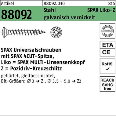 Schraube R 88092 LIKO/PZ 3,5x20/15-Z Stahl galv. v ernickelt 1000St. SPAX 880920300035020