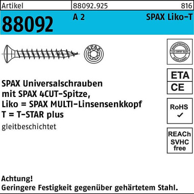 Schraube R 88092 LIKO/T-S TAR 3,5x 20/16-T15 A 2 20 0 Stück SPAX 880929259035020