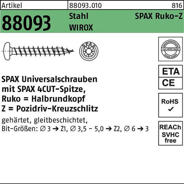 Schraube R 88093 Ruko Spi tze/PZ 3x15/13-Z Stahl ga lv.verz. WIROX 1000St. SP AX 880930100030015