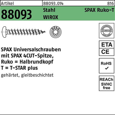 Schraube R 88093 Ruko Spi tze/T-STAR 3,5x12/11-T15 galv.verz. WIROX 1000St. SPAX 880930140035012