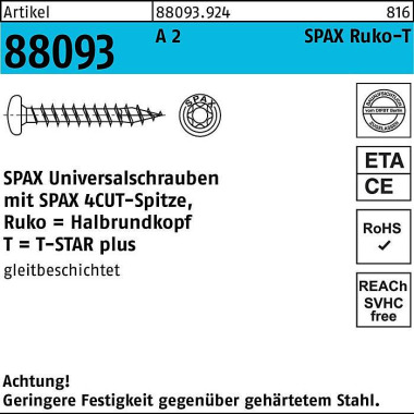 Schraube R 88093 Ruko Spi tze/T-STAR VG 5x 25/20-T2 0 A 2 200 Stück SPAX 880939249050025