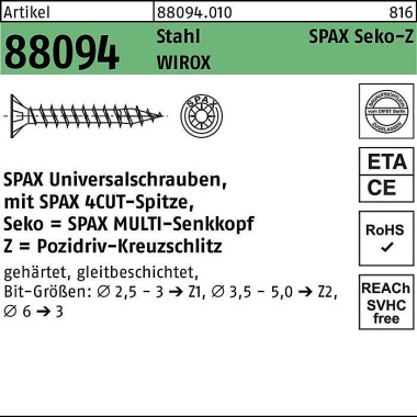 Schraube R 88094 SEKO Spi tze/PZ 3,5x20/15-Z Stahl galv.verz. WIROX 1000St. SPAX 880940100035020