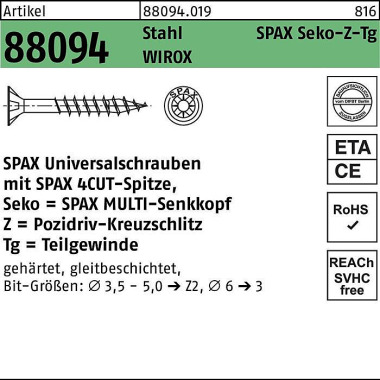 Schraube R 88094 SEKO Spi tze/PZ 3,5x50/32-Z TG Sta galv.verz. WIROX 500St. SPAX 880940190035050