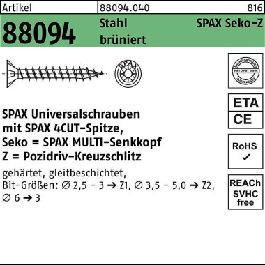 Schraube R 88094 SEKO Spi tze/PZ 3,5x25/20-Z Stahl brüniert 1000St. SPAX 880940400035025