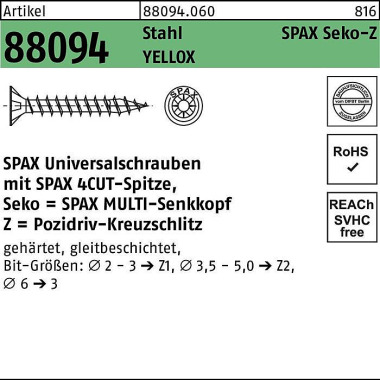 Schraube R 88094 SEKO Spi tze/PZ 4x15/11-Z Stahl ga lv.verz. gelb 1000St. SPA X 880940600040015