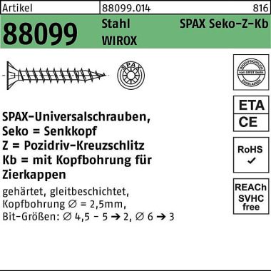 Spanplattenschraube R 880 99 Seko PZ 4,5x40/29-Z St a galv.verz. WIROX 500St. SPAX 880990140045040