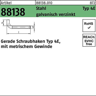 Schraubhaken R 88138 Typ 4E gerade M6x60x14 Stahl galv.verz. 100St. 881380100060060