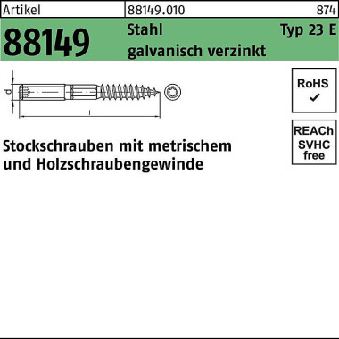 Stockschraube R 88149 Typ 23 E M6x 120 Stahl galv. verz. 100 Stück 881490100060120