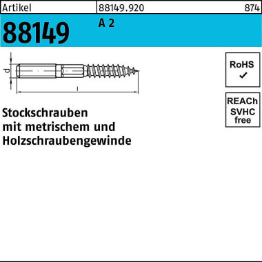 Stockschraube R 88149 Typ 23 E M6x 70 A 2 100 Stüc k 881499200060070