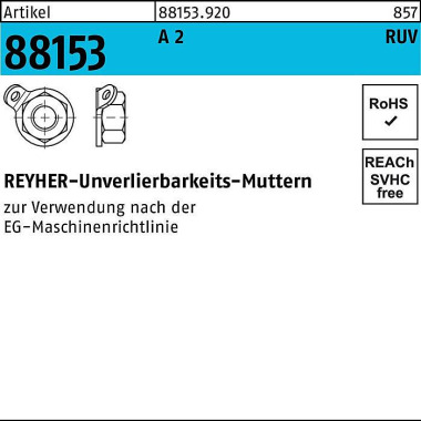 Unverlierbarkeitsmutter R 88153 M12 A 2 10 Stück 881539209120000