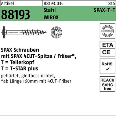 Tellerkopfschraube R 8819 3 Spitze/T-STAR 8x340/80- T40 Sta verz. WIROX 50St. SPAX 881930340080340