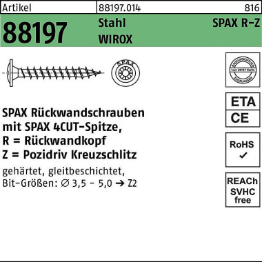 Rückwandschraube R 88197 Spitze/PZ 4x40/37-Z Stahl galv.verz. WIROX 1500St. SPAX 881970140040040