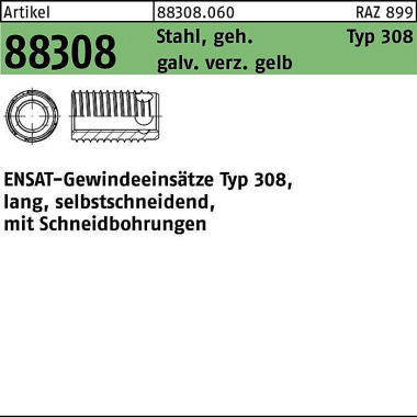 Gewindeeinsatz R 88308 Ty p 308 M4x8 Stahl geh.galv .verz. gelb 100St. ENSAT 883080600040000