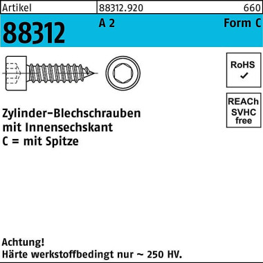 Zylinderblechschraube R 8 8312 Spitze/Innen-6kt C 4 ,8x 38 A 2 500 Stück 883129200048038